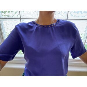 Tess women’s M vintage 90s button up blouse 100% silk blue lattice collar  short